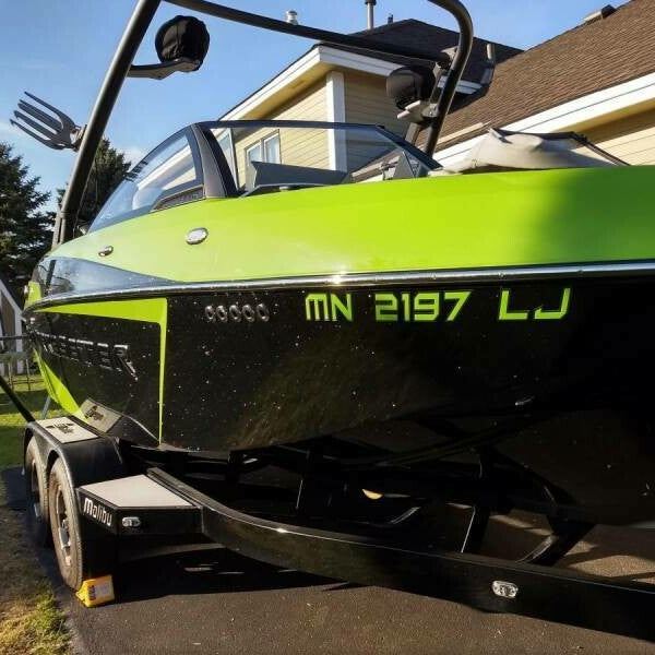 00008 Malibu Wakesetter Boat Registration by Domed Numbers Malibu Green and Black Chrome outline