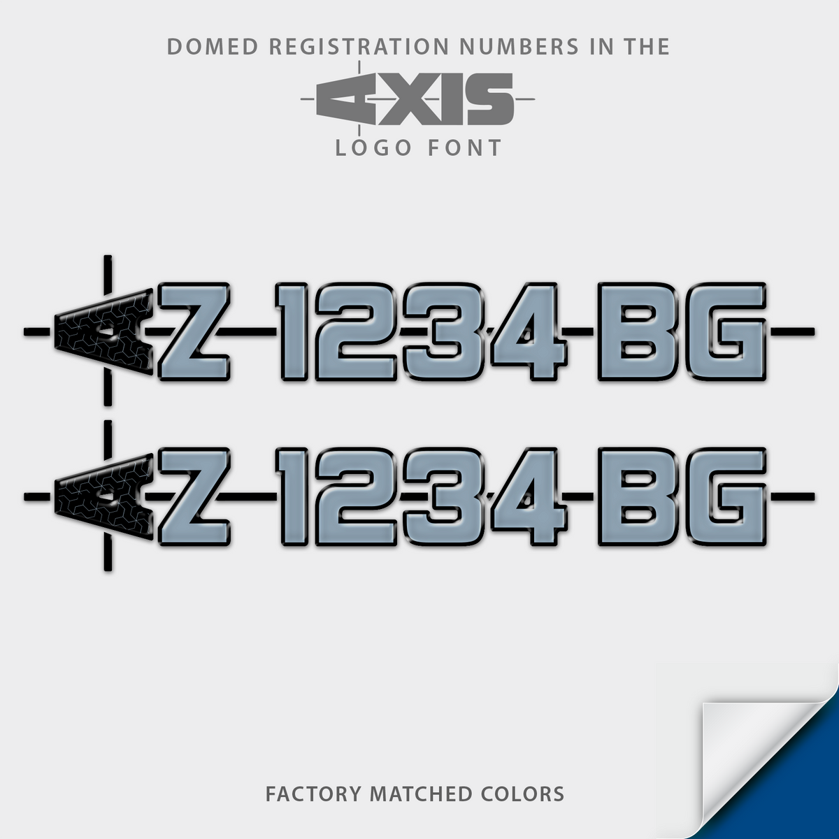 Domed boat registration numbers in 2026 Axis logo font sideways black first letter. Factory match colors