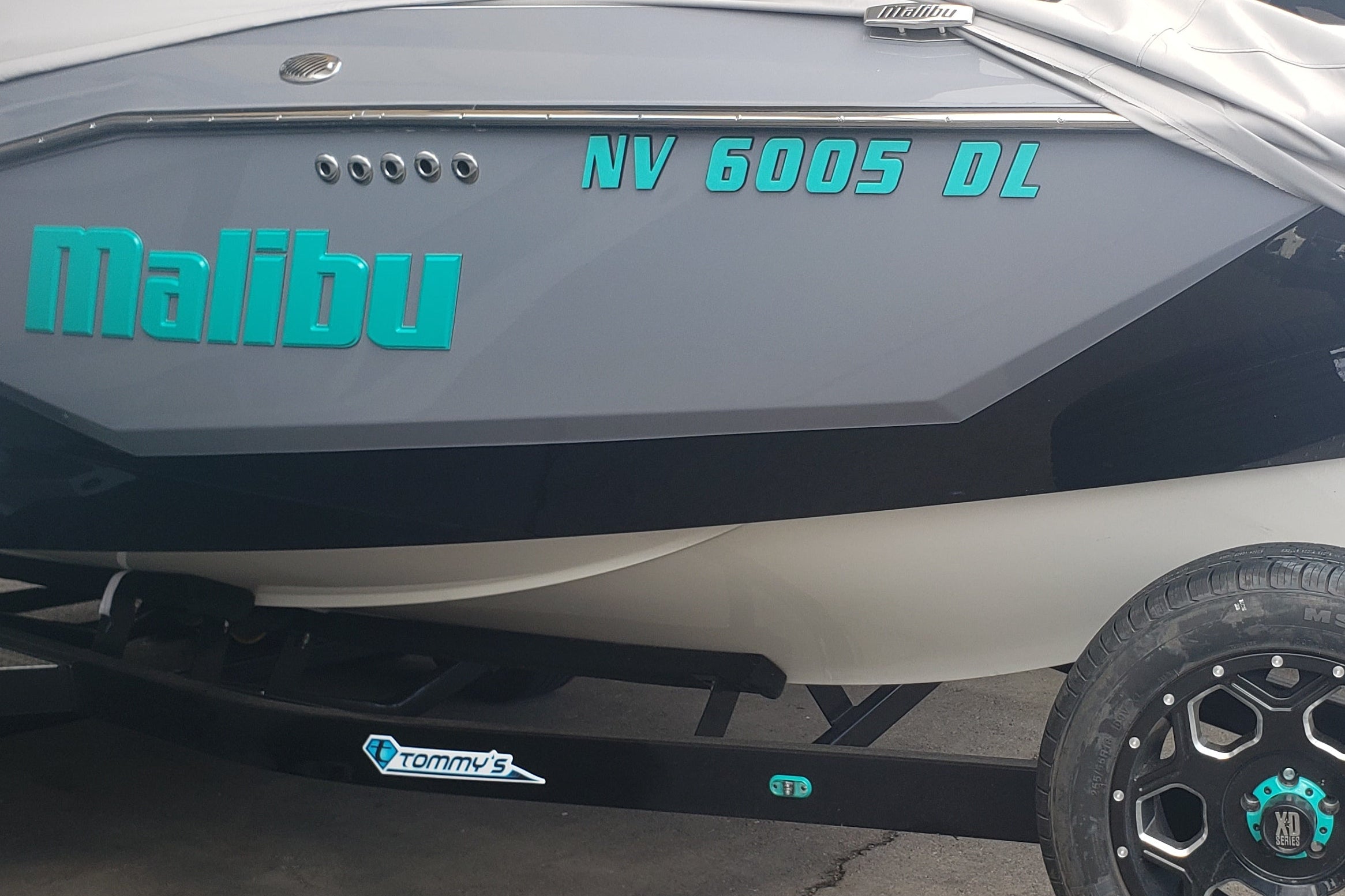 Malibu Boat Registration in Azure Blue emblem matched by Domed Numbers
