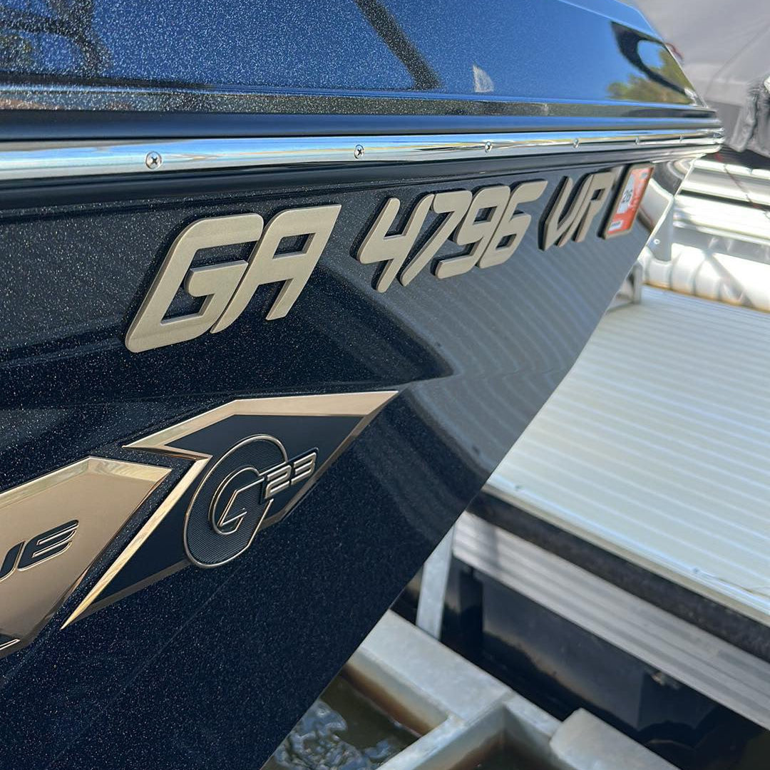 Nautique Boats 3D raised registration in gold by Domed Numbers