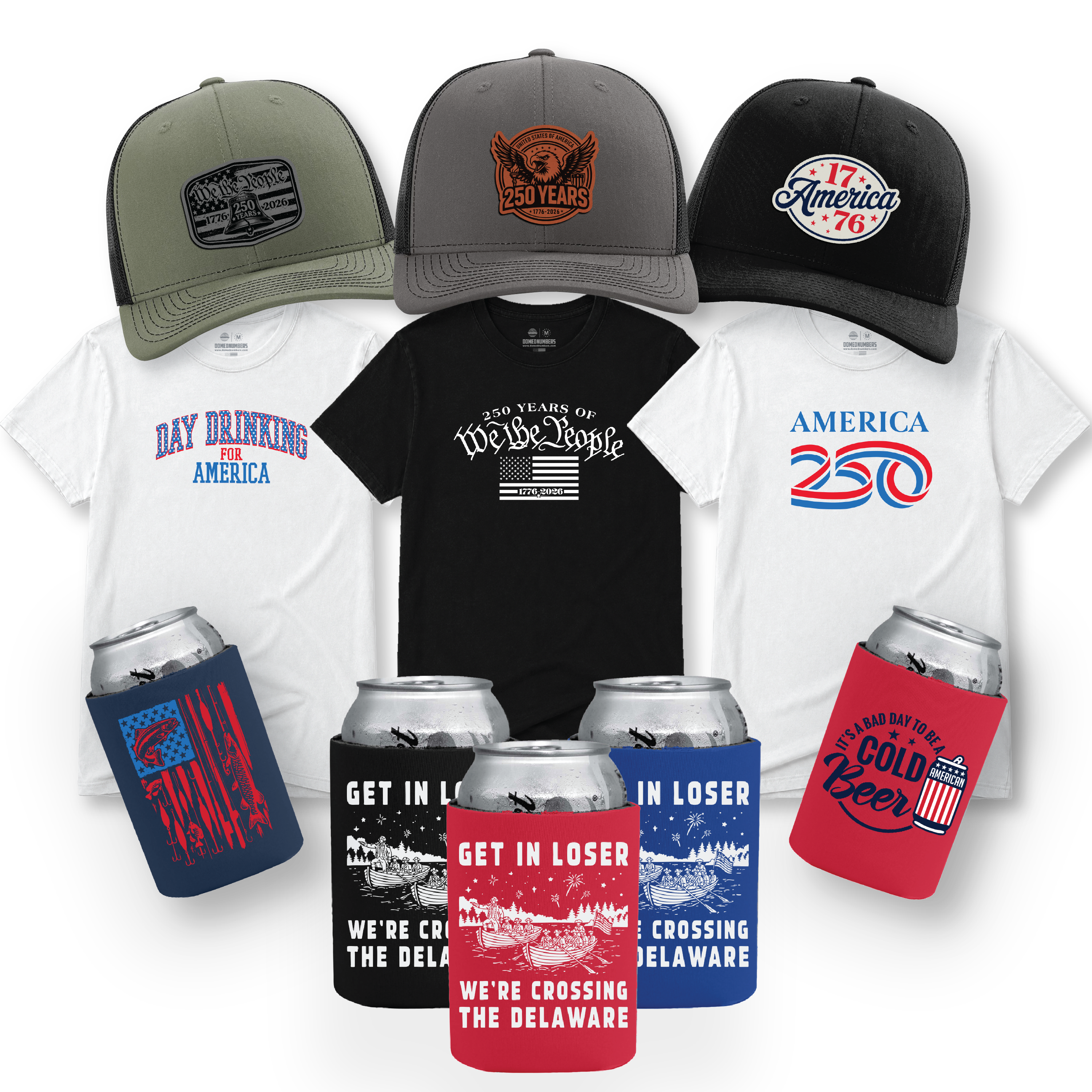 AMERICA 250 brand apparel made by Domed Numbers for the Fourth of July