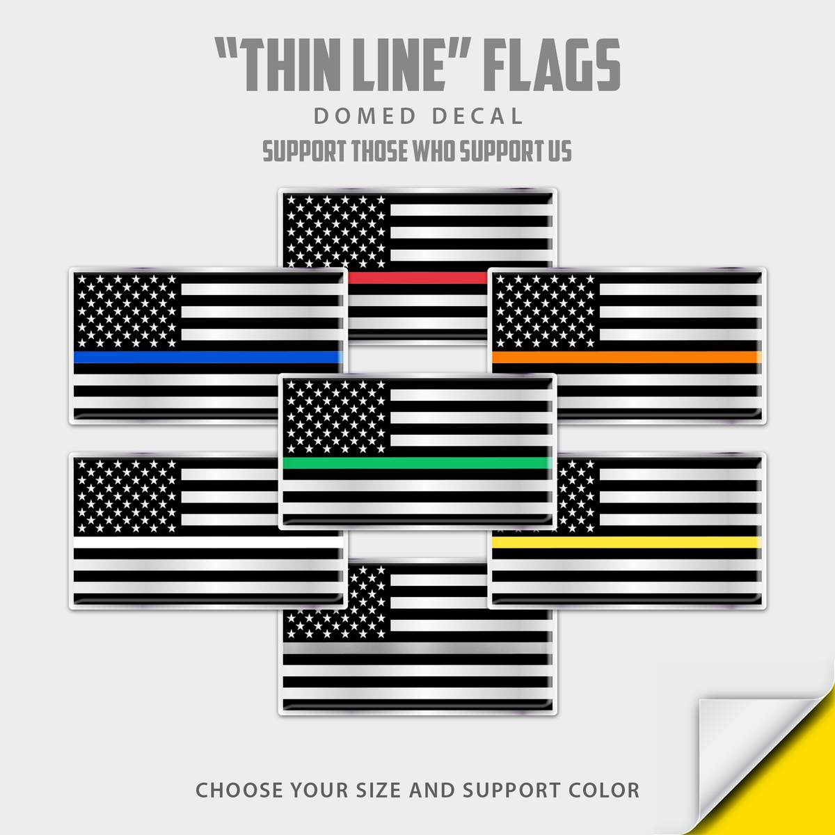 Show your support for first responders, law enforcement, military, and essential service personnel with these premium "Thin Line" Flag Domed Decals. Designed with a sleek, low-profile aesthetic, each high-contrast monochrome American flag features a distinct colored line representing different service branches and emergency responders. Thin blue line sticker.