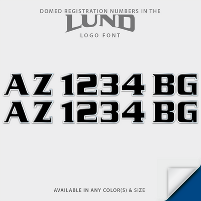 Domed boat registration numbers in Lund logo font. Available in any color and size 