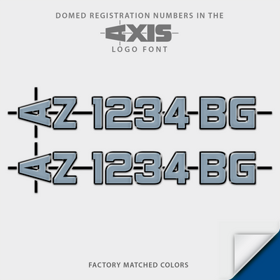 Domed boat registration numbers in 2026 Axis  logo font sideways first letter. Factory match colors