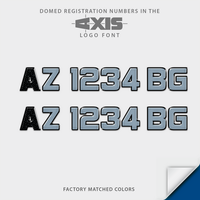 Domed boat registration numbers in 2026 Axis  logo font, black first letter without cross. Factory match colors
