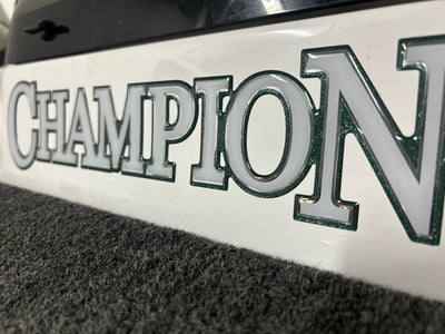 Champion Boats Domed Console Decal using a custom green metal flake