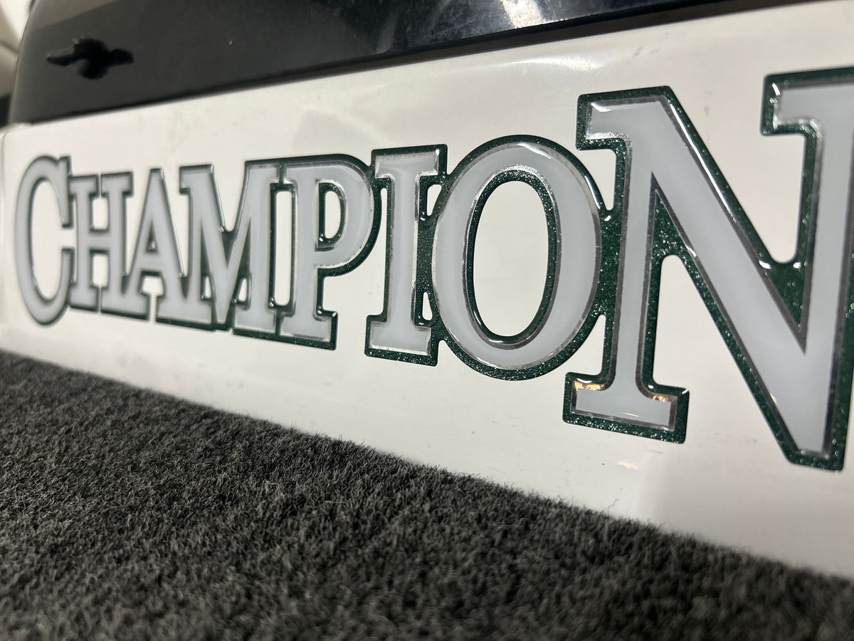 Champion Boats Domed Console Decal using a custom green metal flake
