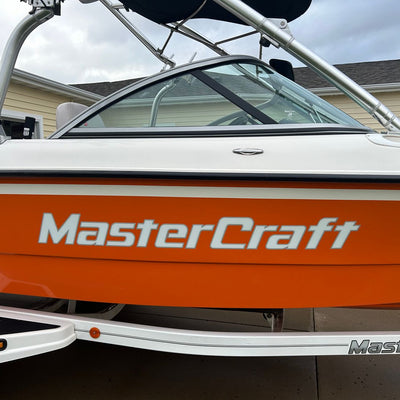 White and Chrome MasterCraft Boat Graphic Decal Replacement by Domed Numbers