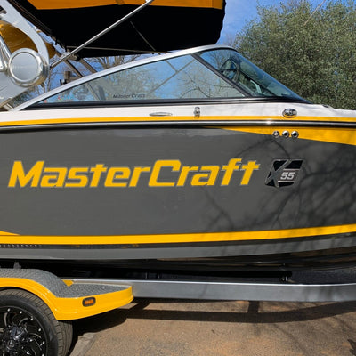 Yellow and Chrome MasterCraft  X55 Boat Graphic Decal Replacement by Domed Numbers
